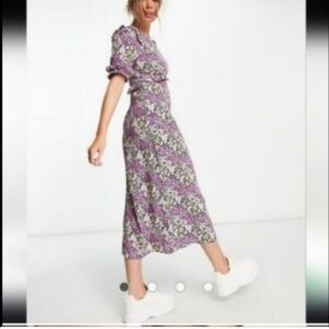 Nobody's Child US Size 6 Felicia Floral Bloom Print Midi Dress Purple Ruffle